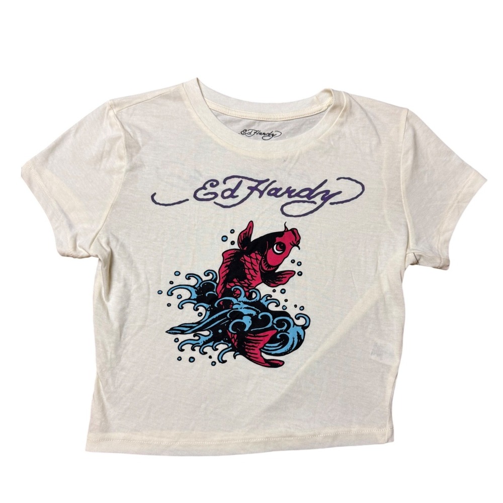 Ed Hardy Women Ivory Koi Fish Graphic Crop Tee Shirt EHWR1104-10 Medium